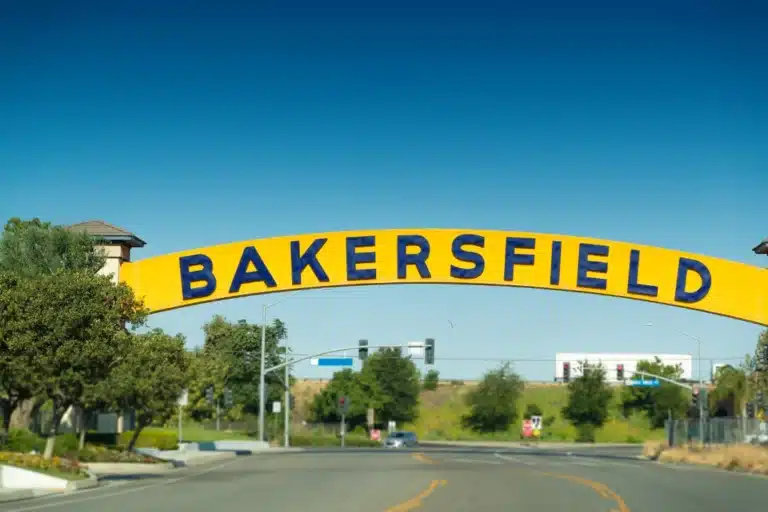 Bakersfield, California city skyline with downtown buildings, palm trees, and the surrounding Kern County landscape under a clear sky