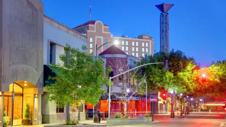 Downtown Modesto California cityscape with streets and local buildings