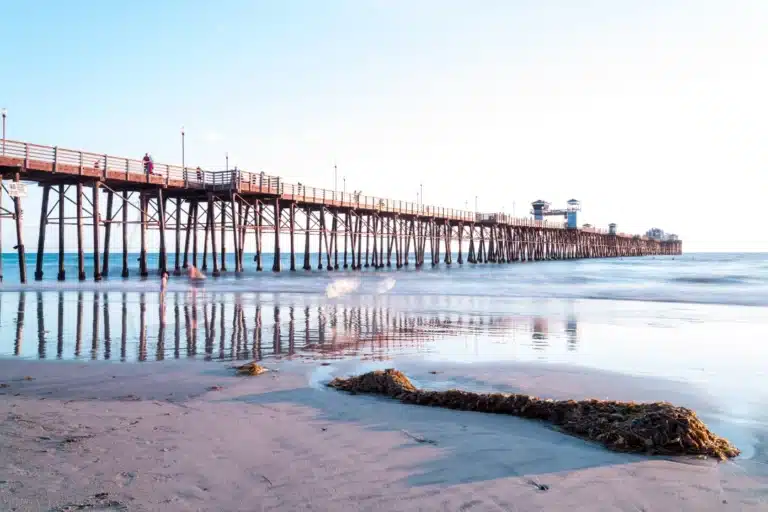 Oceanside coastal city view with sandy beaches, ocean horizon, palm trees, and nearby residential areas in Southern California.