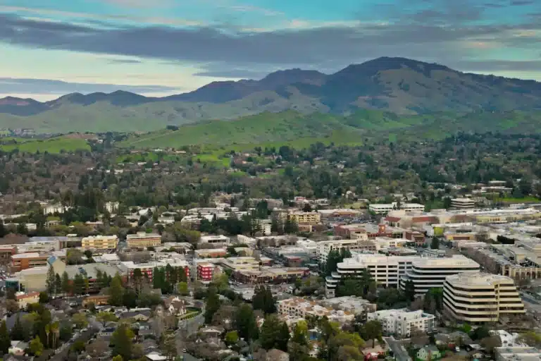 Aerial view of Walnut Creek, CA with downtown buildings and green hills in the background.