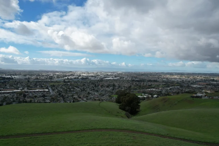 Aerial view of Hayward, California, showing rolling green hills, residential neighborhoods, and a cloudy sky stretching across the horizon.