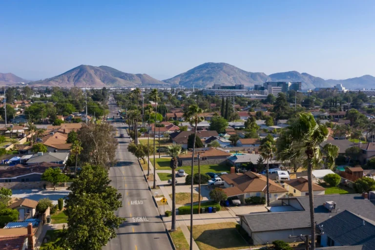 A residential neighborhood featuring palm trees with mountains visible in the background.
